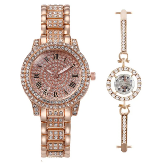 ✨ Luxe Dames Horloge & Armband Set – Roségoud met Strass